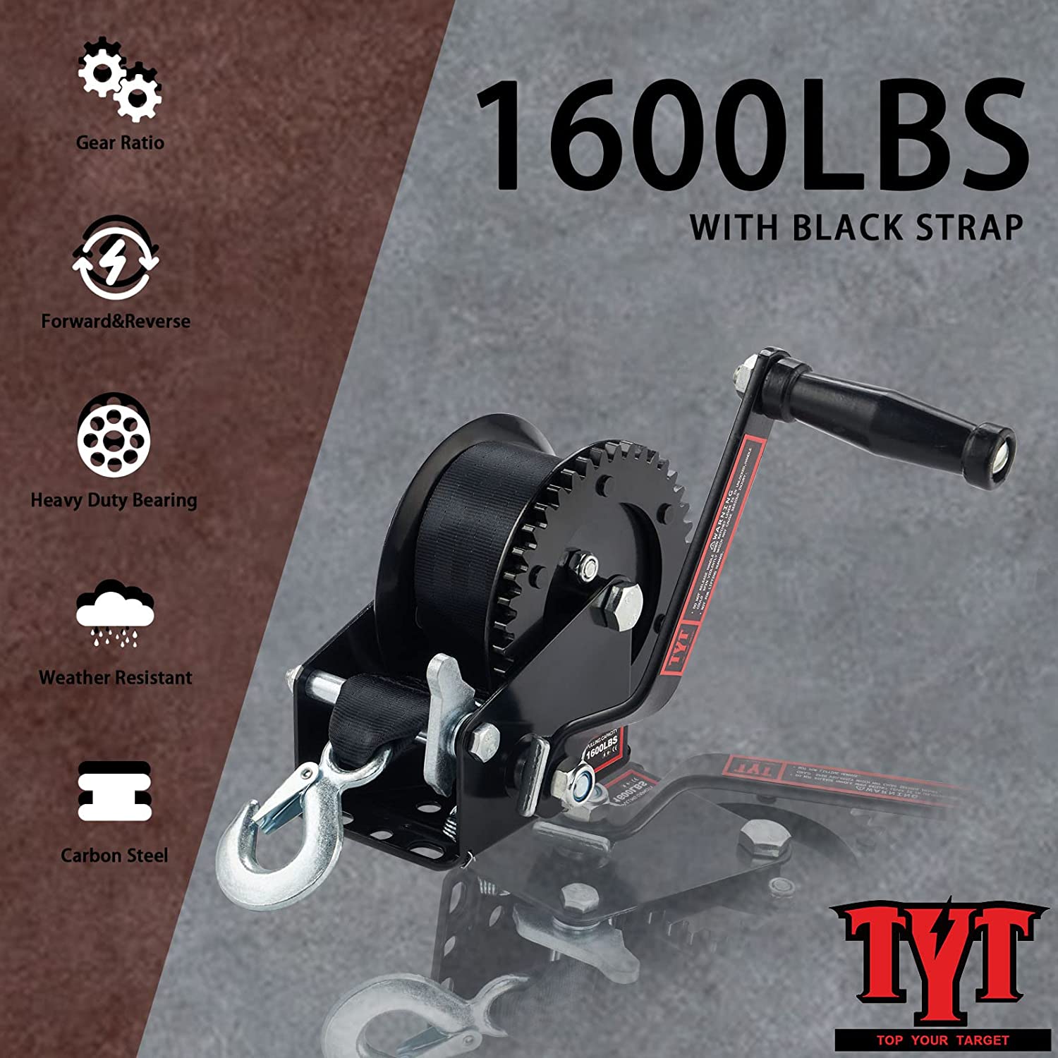 TYT 1600LB Boat Trailer Strap Winch with 26ft Black Rope, Portable Crank Gear Hand Winch with Heavy Duty Hook, Two Way Ratchet Manual Winch for RV Jet Ski Boat Trailer Towing Pulling Drag Winch - TYT4WD