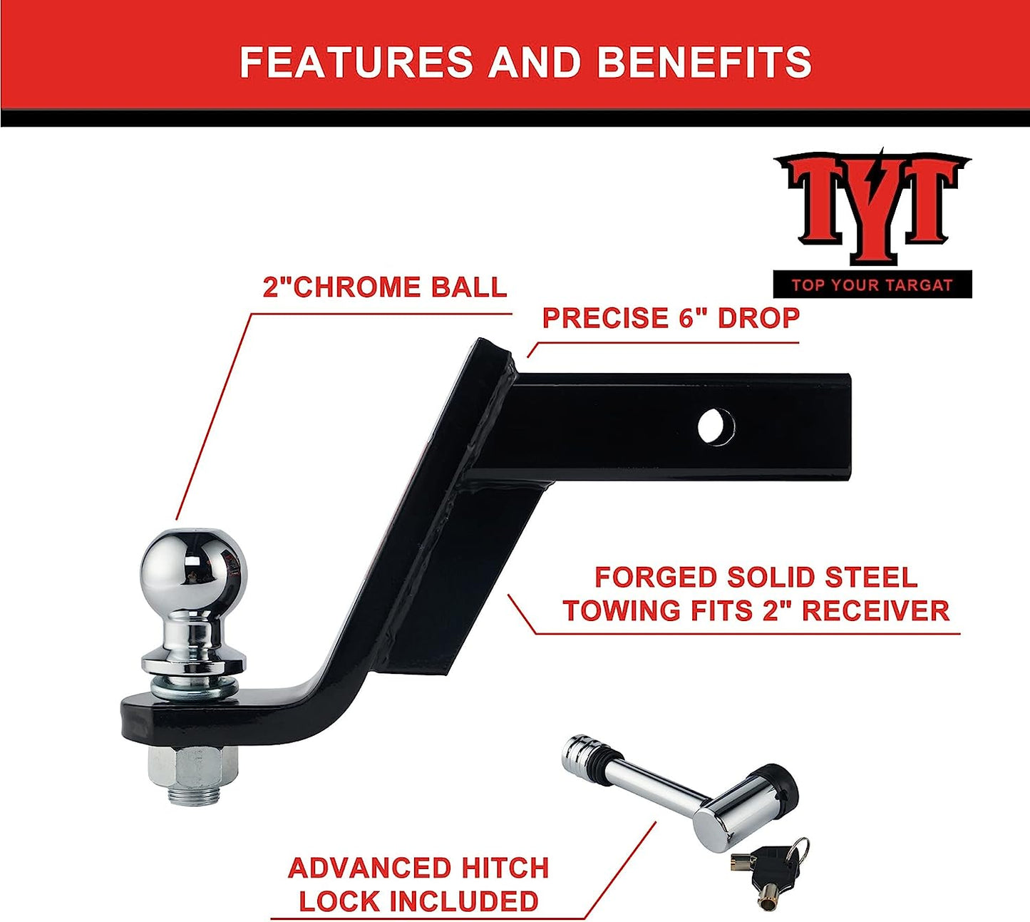 TYT Trailer Hitch Mount with 2" Ball,6000 lbs,6" Drop,4-3/4" Rise,Free Advanced Hitch Lock, Solid Steel Towing,Fits 2" Receiver, 2" Chrome Ball Head - TYT4WD