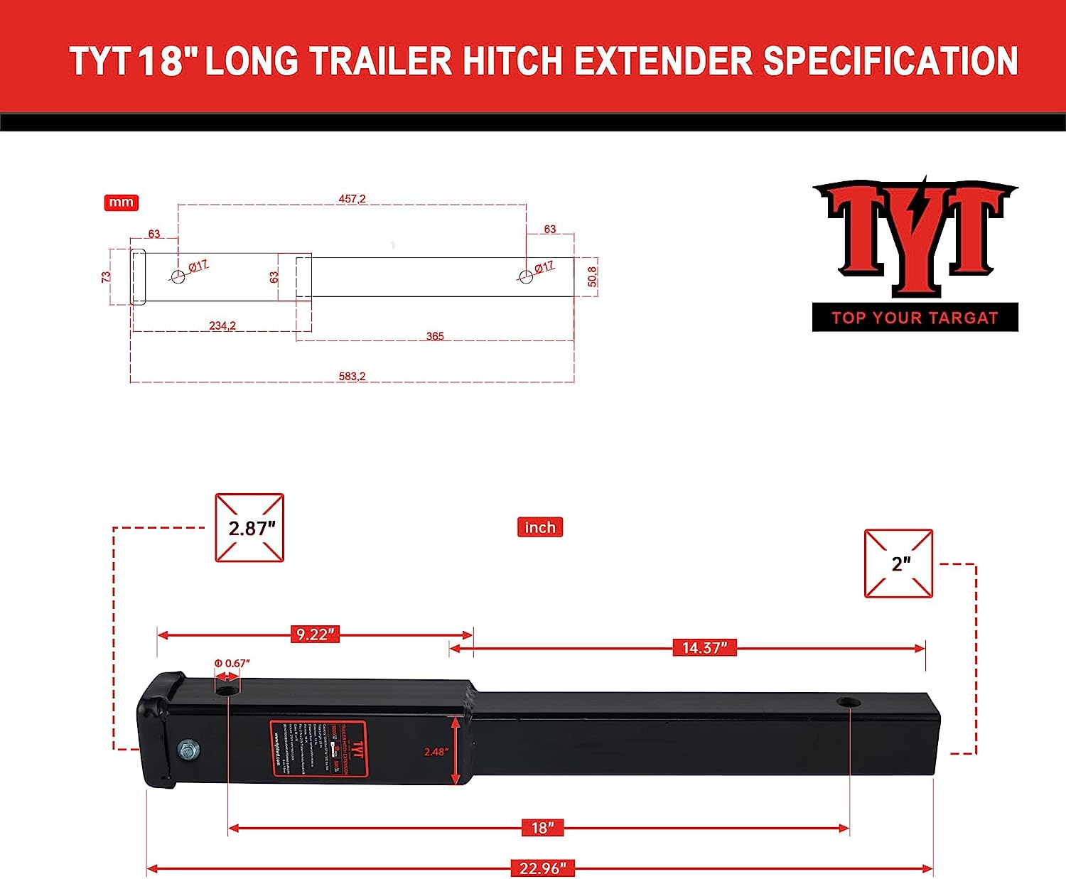 TYT Trailer Hitch Extension 18" Solid Trailer Extender, Forged Solid Steel Hitch Extender for 2" Receivers with 5/8" Advanced Hitch Pin Lock 2-Pack, 5000 lbs GTW / 500 lbs TW - TYT4WD