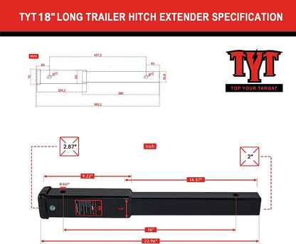 TYT Trailer Hitch Extension 18" Solid Trailer Extender, Forged Solid Steel Hitch Extender for 2" Receivers with 5/8" Advanced Hitch Pin Lock 2-Pack, 5000 lbs GTW / 500 lbs TW - TYT4WD