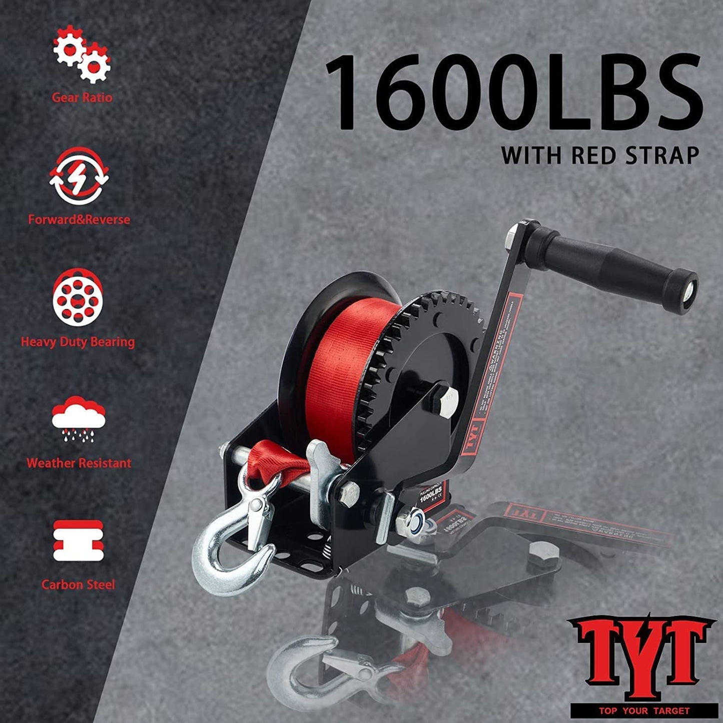 TYT 1600lb Boat Trailer Winch with 8M Red Strap, 2 Way Ratchet Hand Crank Strap Winch with Strong Hook, Heavy Duty Steel Construction Manual Gear Winch for RV Jet Ski Boat Trailer Towing Pulling Winch - TYT4WD