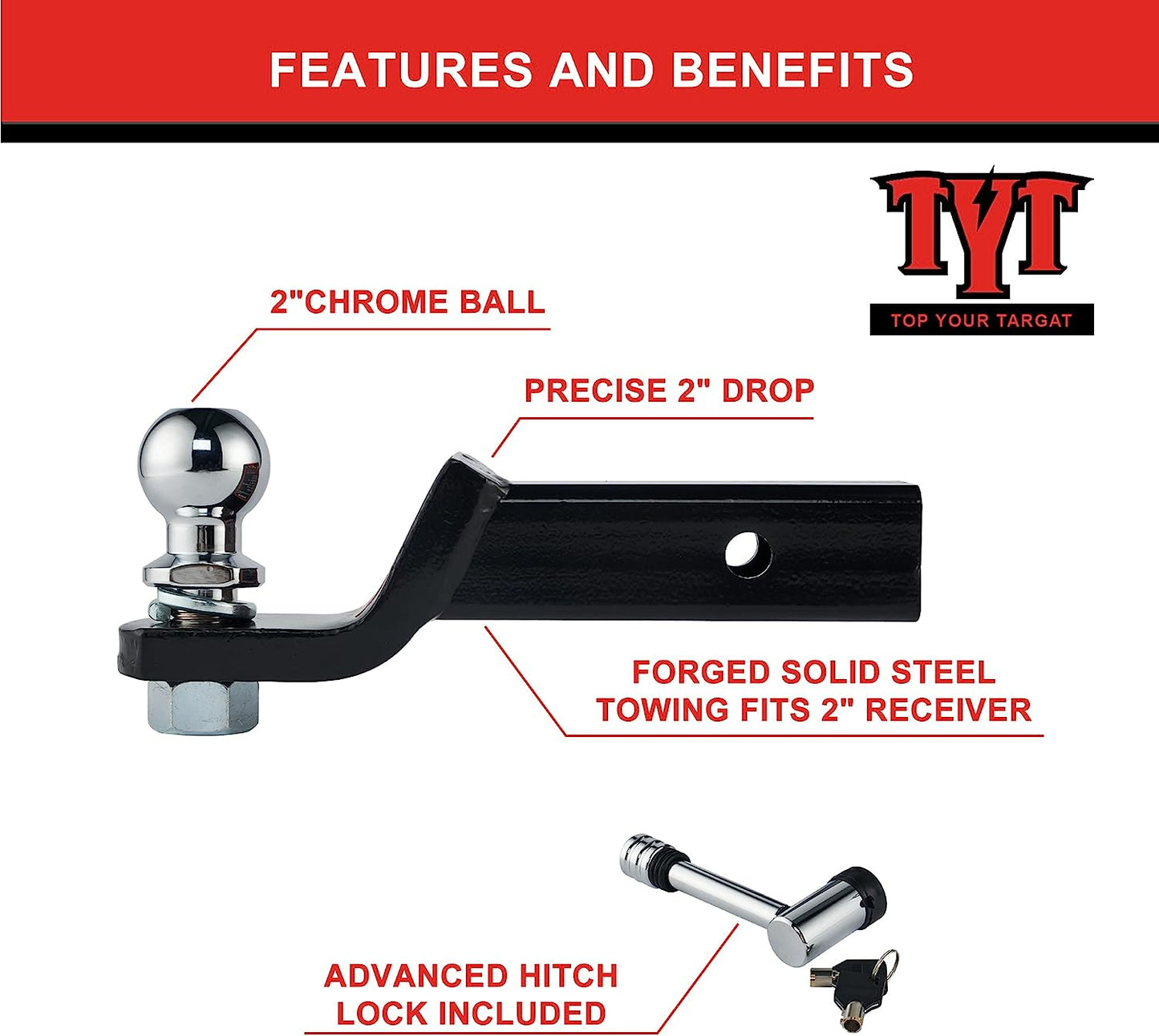 TYT Trailer Hitch Mount with 2" Ball,6000 lbs,2" Drop,Free Advanced Hitch Lock, Forged Solid Steel Towing,Fits 2" Receiver, 2" Chrome Ball Head - TYT4WD