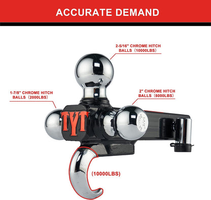 TYT Trailer Hitch Tri Ball Mount with Hook, 1-7/8",2",2-5/16" Chrome Hitch Balls with Advanced 5/8" Lock, Fits 2" Receiver, Forged Solid Steel (Hollow Shank,Black) - TYT4WD