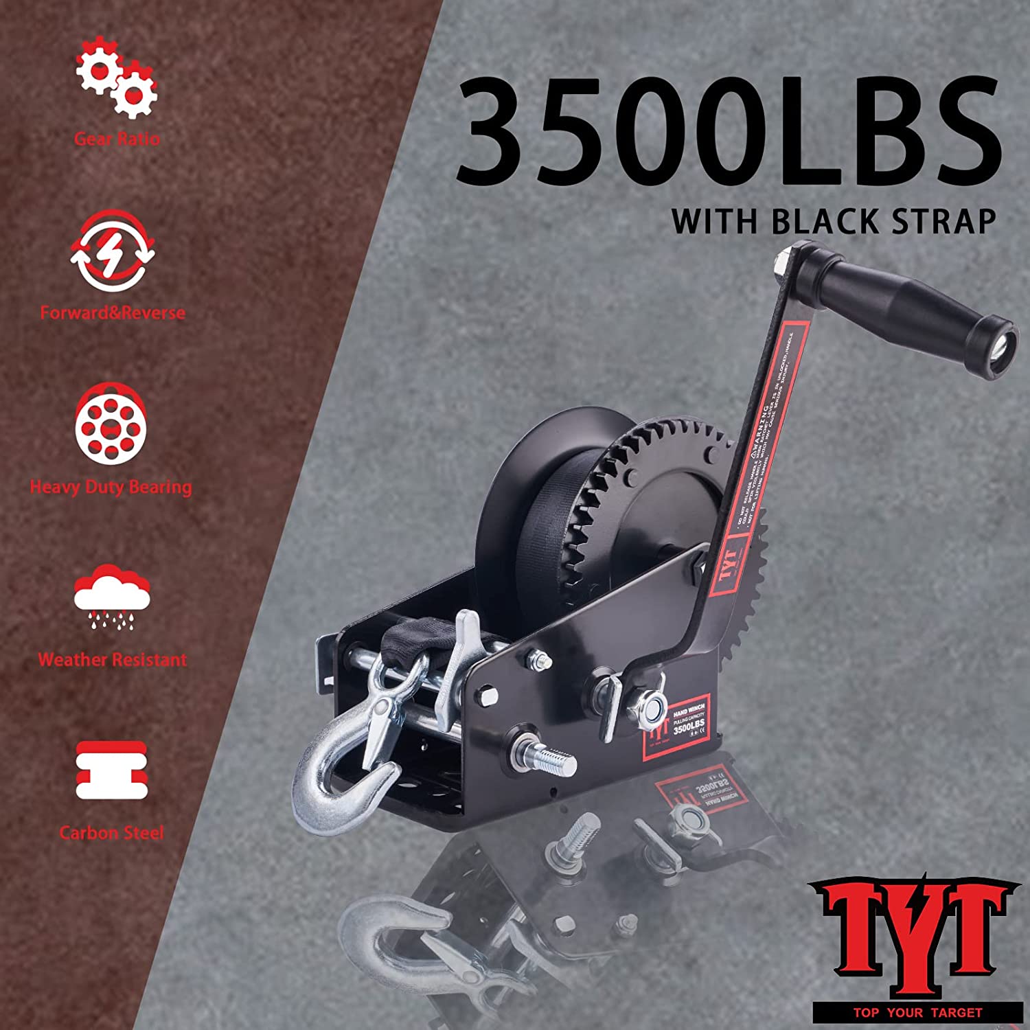 TYT 3500LB Boat Trailer Strap Winch with 10M Black Polyster Strap, Hardened Steel 2 Gear Ratio 4:1/8:1 Hand Crank Winch with Heavy Duty Hook for Towing Boat Trailer RV Jet Ski Marine Manual Winch - TYT4WD