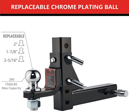 TYT Adjustable Trailer Hitch Ball Mount, 2" Towing Ball 7500 LBS, 9-1/2" Drop and 8-1/4" Rise, Fits 2-in Receiver with 2 Pin&Clips and 5/8" Premium Pin Lock for Heavy Duty Truck - TYT4WD