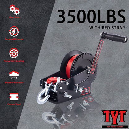 TYT 3500LB Boat Trailer Strap Winch with 10M Red Strap, Sturdy Long-Lasting Gear Hand Crank Winch, Operated Two Way Ratchet Manual Winches for Towing Pulley Boat Trailer Truck RV Jet Ski Marine Winch - TYT4WD