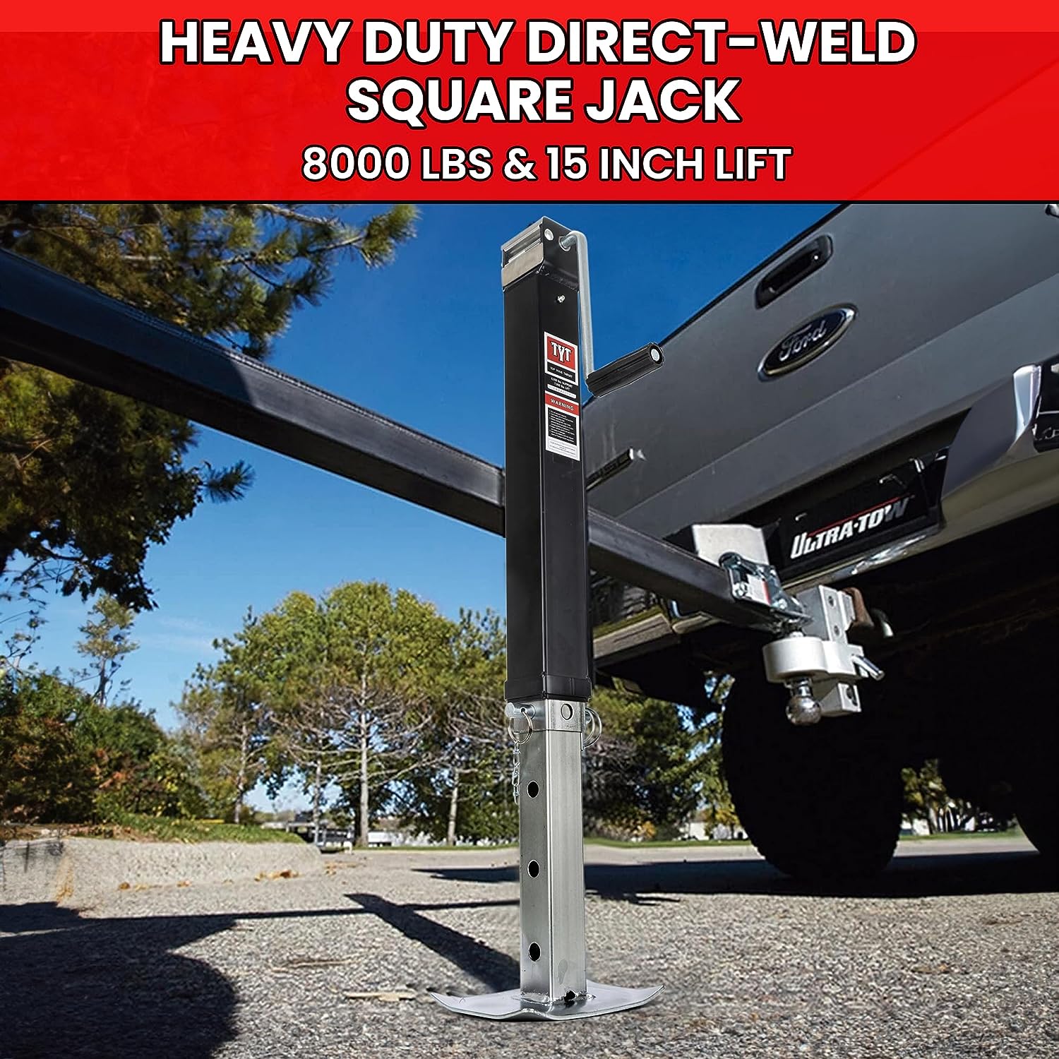 TYT 8000 lb Trailer Jack - Heavy-Duty Square Direct Weld RV Jack with 15" Vertical Travel, 13" Drop Leg, Side Wind Handle, Foot Plate, and Corrosion-Resistant Finish - TYT4WD