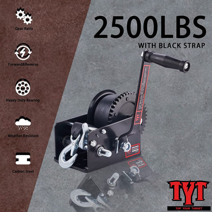 TYT 2500LB Boat Trailer Strap Winch with 26FT Black Strap, Longevity Resists Rust Hand Crank Winch with Hook, 2 Way Ratchet High Steel Gear Manual Winch for Jet Ski Boat Trailer Towing Pulley RV Winch - TYT4WD