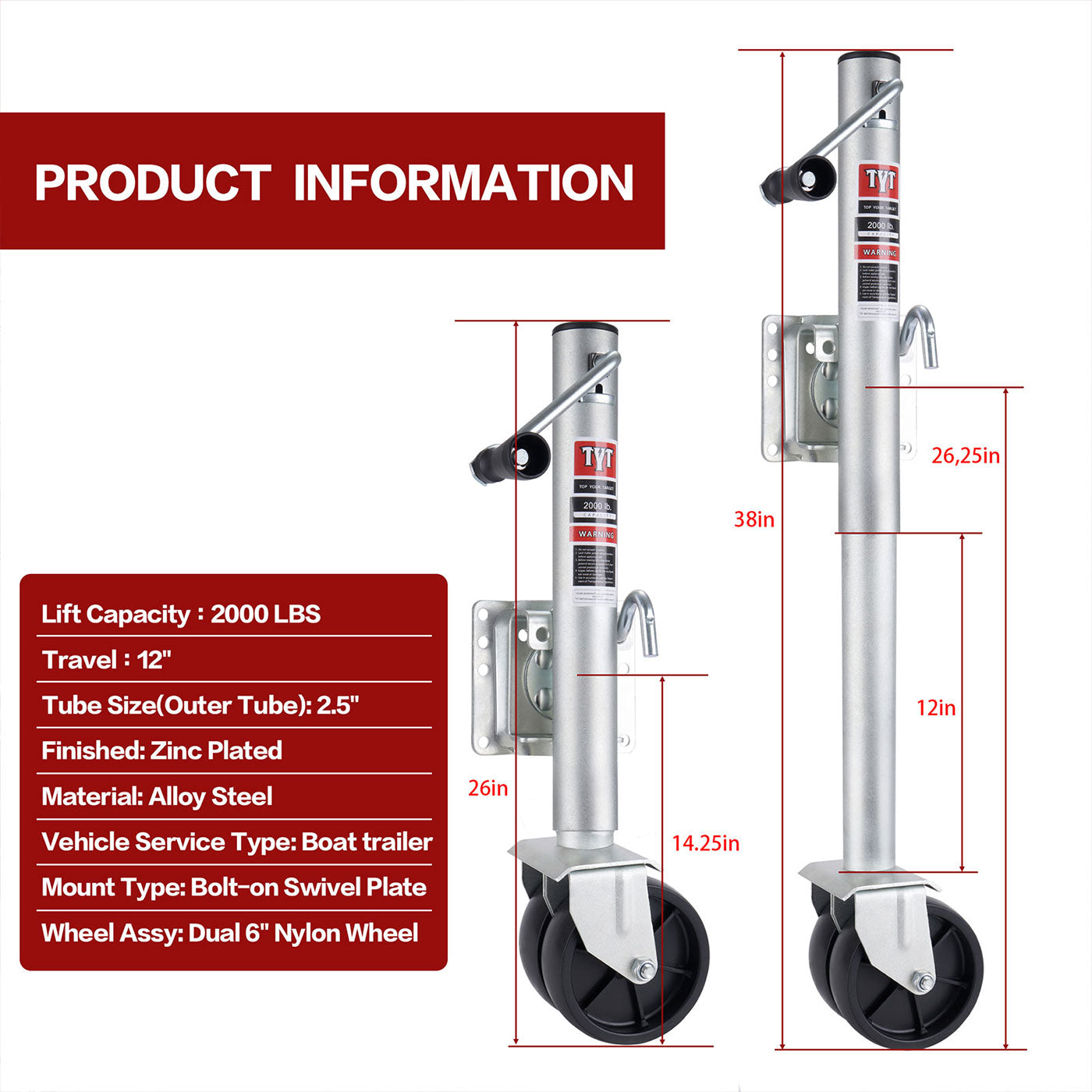TYT 2000lbs Boat Trailer Jack, Heavy Duty Swivel Trailer Jack with 6 Inch Dual Wheels, 12 inches Lift, Zinc-Plated Finish for Boat, RV, Trailer, Camper - TYT4WD
