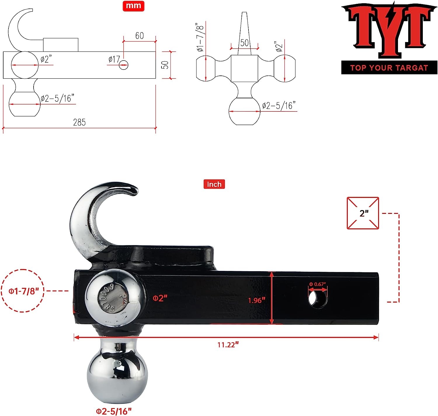 TYT Trailer Hitch Tri Ball Mount with Hook, 1-7/8",2",2-5/16" Chrome Hitch Balls with Advanced 5/8" Lock, Fits 2" Receiver, Forged Solid Steel (Hollow Shank,Black) - TYT4WD