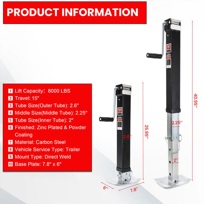 TYT 8000 lb Trailer Jack - Heavy-Duty Square Direct Weld RV Jack with 15" Vertical Travel, 13" Drop Leg, Side Wind Handle, Foot Plate, and Corrosion-Resistant Finish - TYT4WD