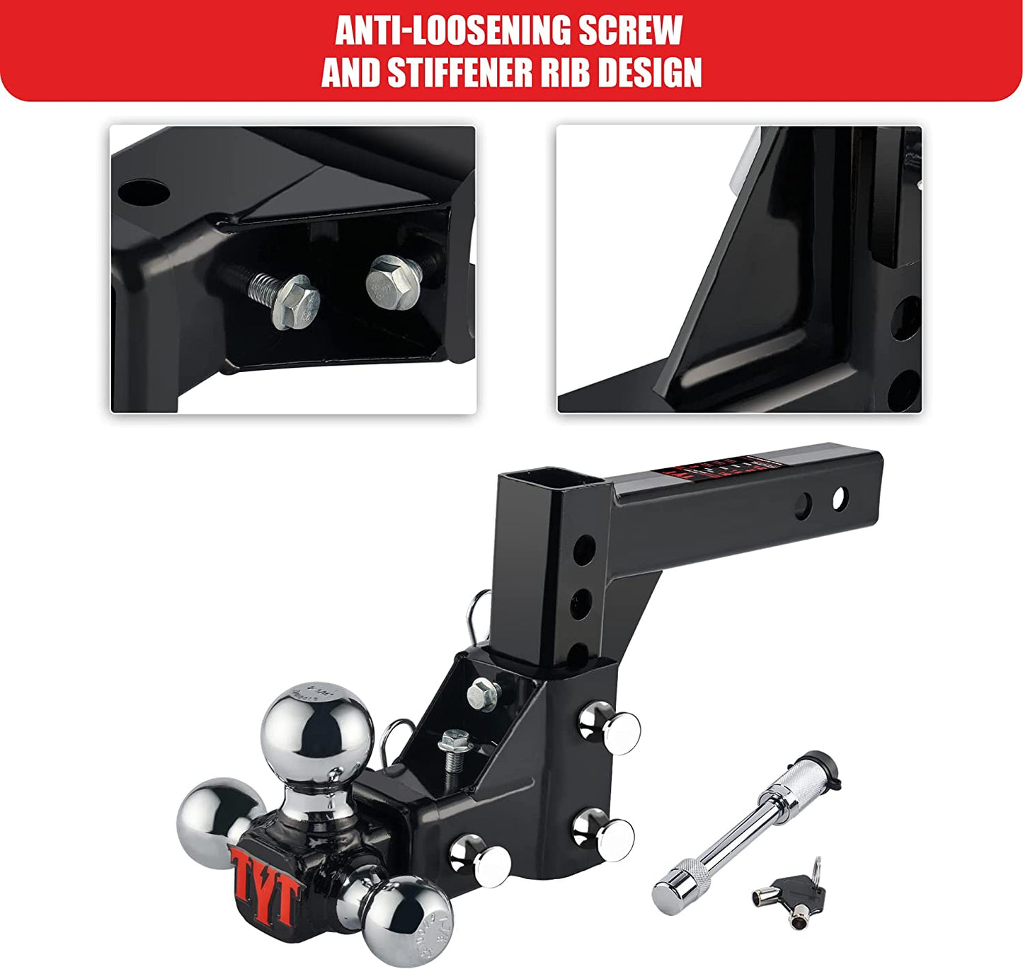 TYT Adjustable Trailer Hitch Towing Ball Mount, Tri-Ball (1-7/8" X 2" X 2-5/16"), Fits 2" Receiver, 5" Rise/Drop Hitch, 10,000 LBS GTW, Tow Hitch for Heavy Duty Truck, Solid Ball Mount - TYT4WD