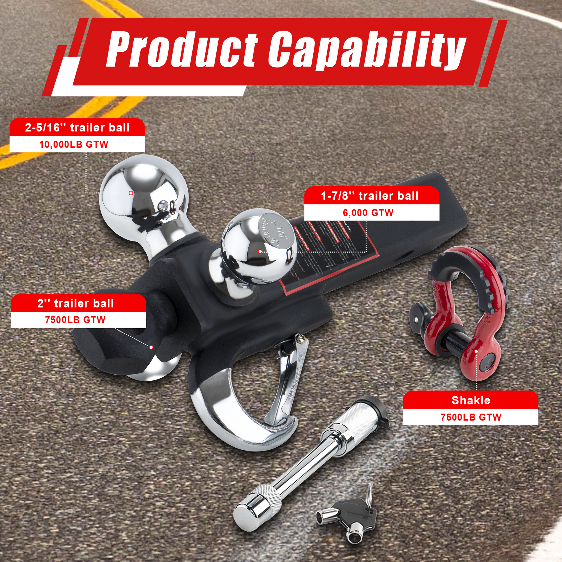 TYT Tri Ball Hitch Trailer Mount with Locks,Tow Hook & Clevis Shackle, Fits 2 inch Hitch Receiver with 2-5/16",2",1-7/8" Hitch Ball, Black - TYT4WD