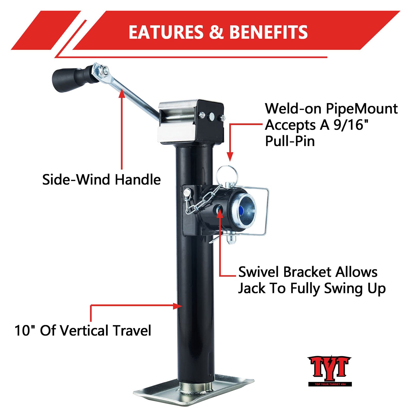 TYT 5000lbs Swivel Trailer Jack,10 Inch Vertical Travel Weld-On Pipe-Mount Trailer Jack with A3 Steel Jack Footplate Sidewind Handle & Pull Pin,for Campers RVs Boats Utility Trailers… - TYT4WD