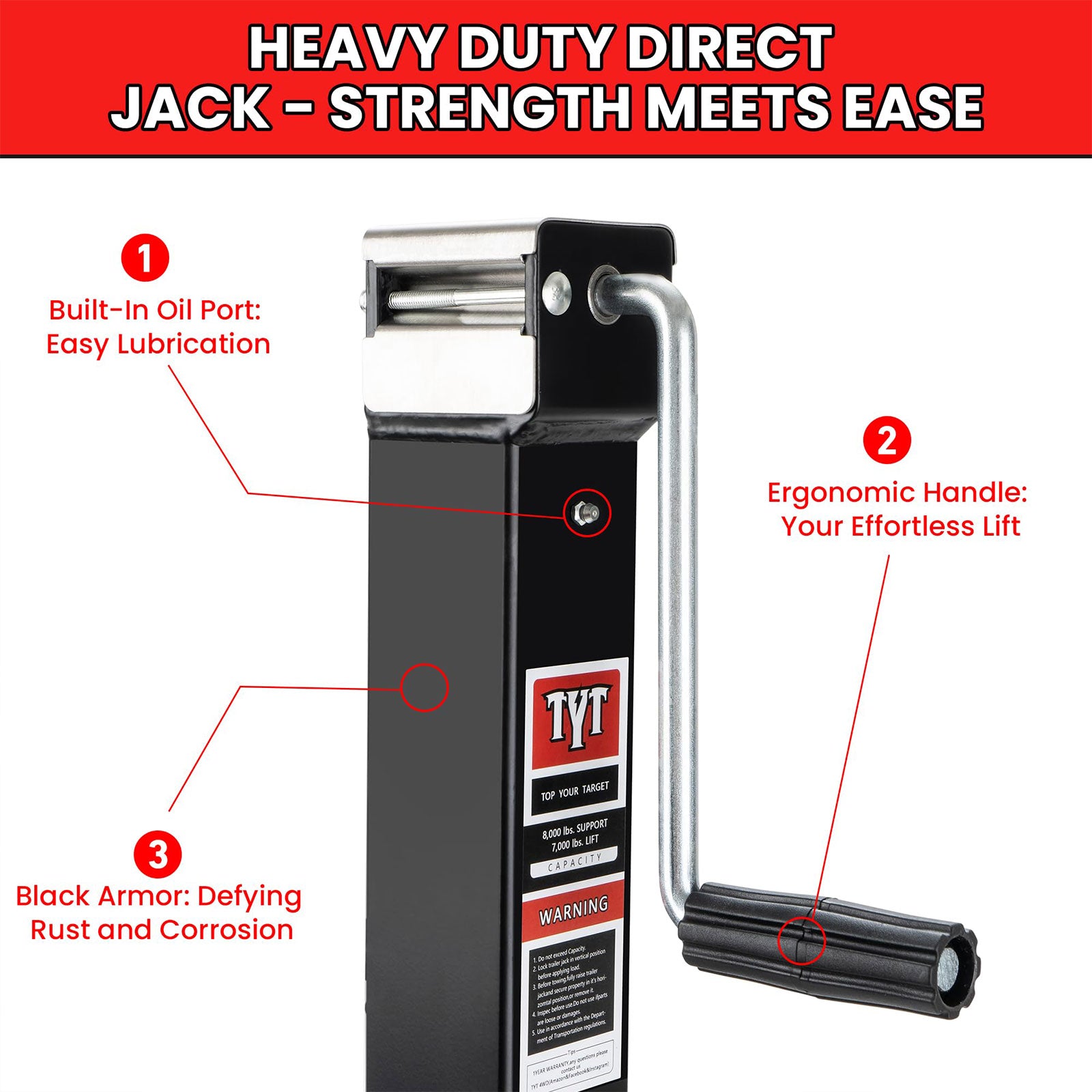 TYT 8000 lb Trailer Jack - Heavy-Duty Square Direct Weld RV Jack with 15" Vertical Travel, 13" Drop Leg, Side Wind Handle, Foot Plate, and Corrosion-Resistant Finish - TYT4WD