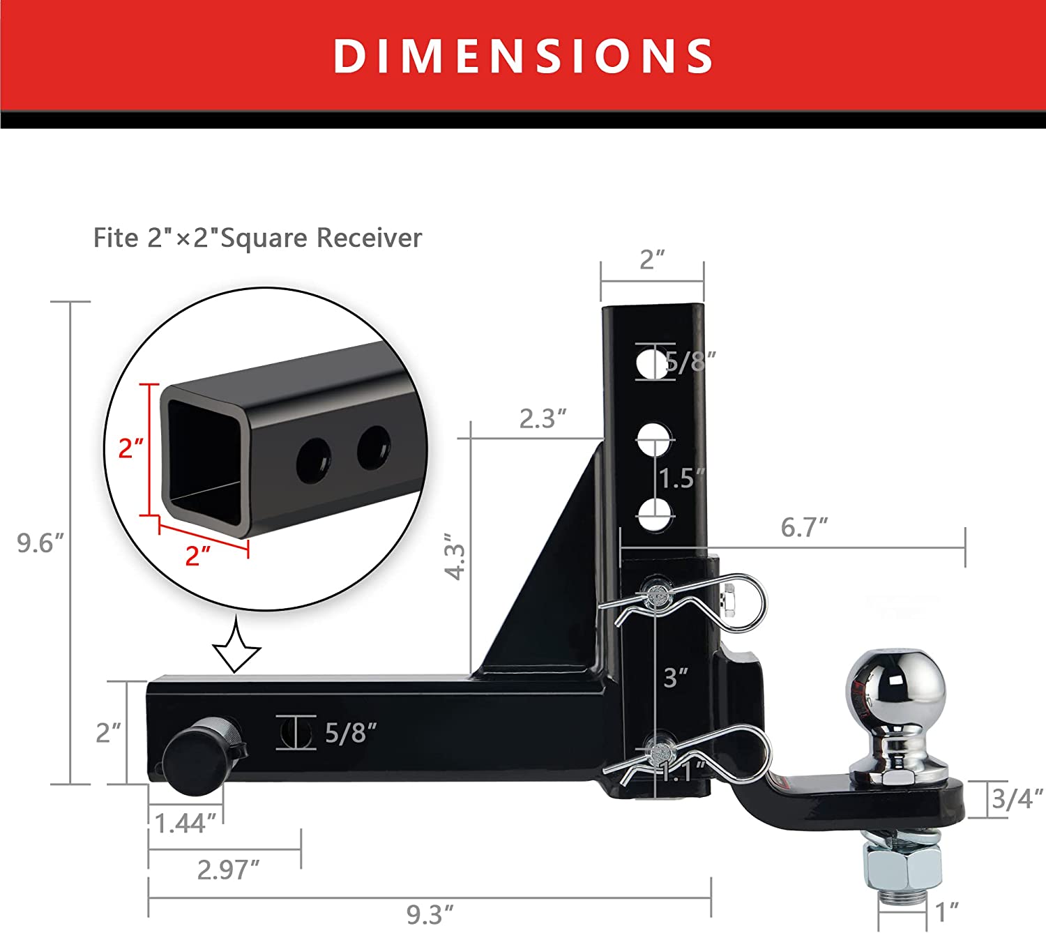 TYT Adjustable Trailer Hitch Ball Mount, 2" Towing Ball 7500 LBS, 9-1/2" Drop and 8-1/4" Rise, Fits 2-in Receiver with 2 Pin&Clips and 5/8" Premium Pin Lock for Heavy Duty Truck - TYT4WD