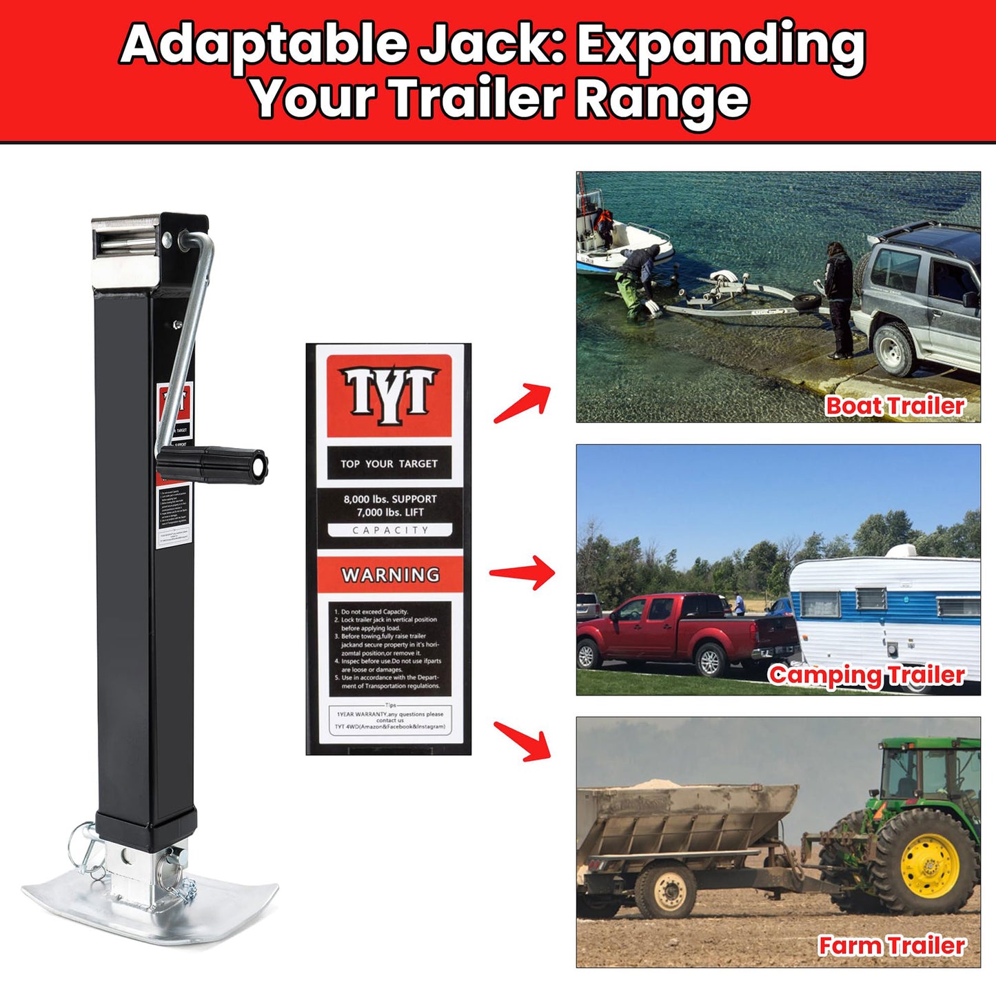 TYT 8000 lb Trailer Jack - Heavy-Duty Square Direct Weld RV Jack with 15" Vertical Travel, 13" Drop Leg, Side Wind Handle, Foot Plate, and Corrosion-Resistant Finish - TYT4WD