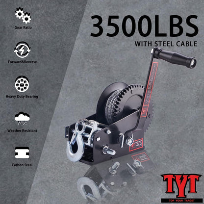 TYT 3500LB Boat Trailer Cable Winch with 32ft Steel Rope, Hardened Steel Ratio 4:1/8:1 Gear Manual Winch, Heavy Duty Portable Hand Crank Winch with Hook for Towing Pulley Boat Trailer RV Jet Ski Winch - TYT4WD