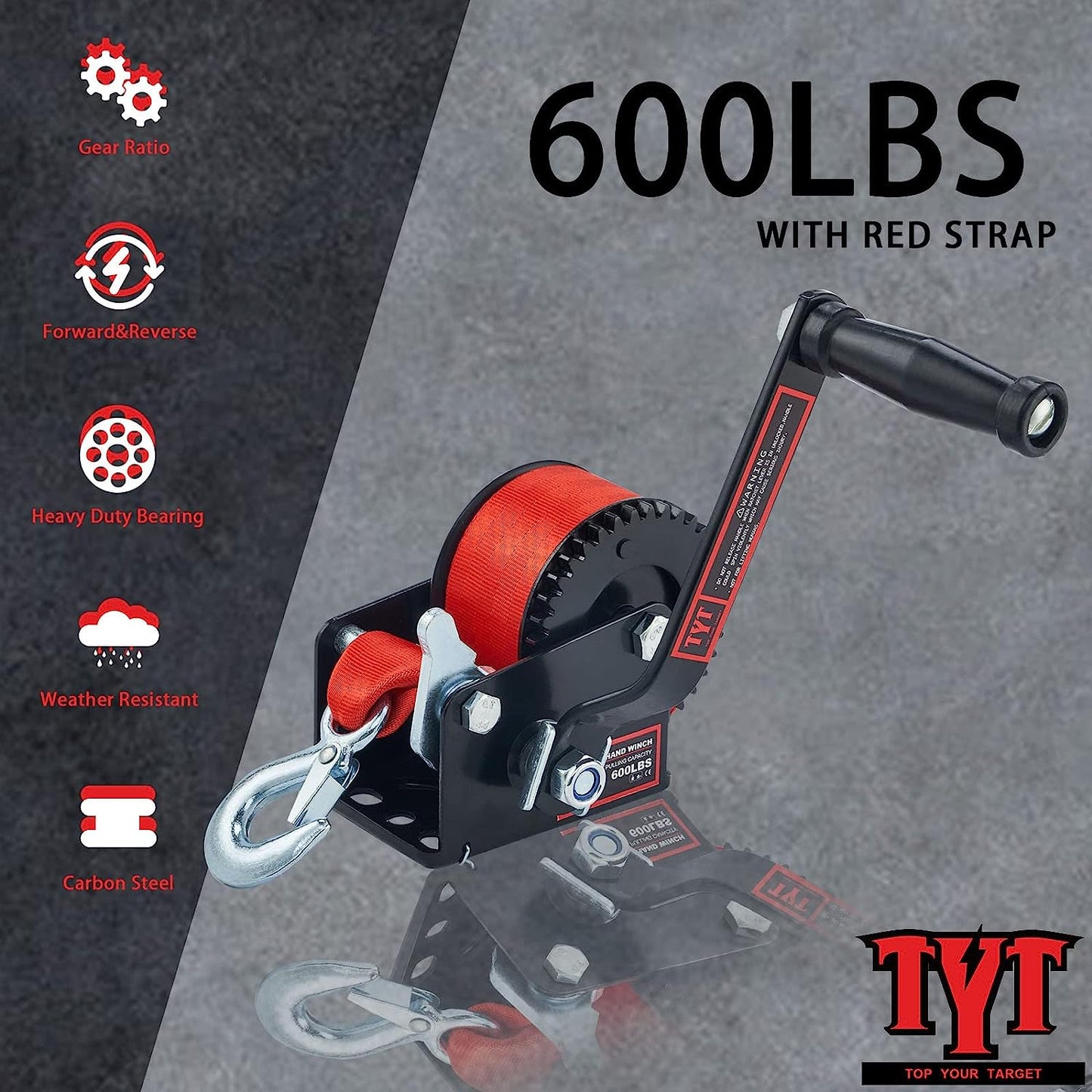 TYT 600LB Boat Trailer Winch with Red Nylon Strap, Anti-Slip Handle Crank Gear Hand Winch, Portable Two-Way Ratchet Forward & Backward Manual Rope Ratio 3.2:1 Winch for ATV Jet Ski Trailer Small Winch - TYT4WD