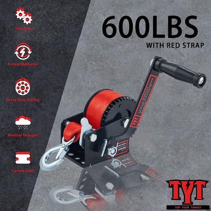 TYT 600LB Boat Trailer Winch with Red Nylon Strap, Anti-Slip Handle Crank Gear Hand Winch, Portable Two-Way Ratchet Forward & Backward Manual Rope Ratio 3.2:1 Winch for ATV Jet Ski Trailer Small Winch - TYT4WD