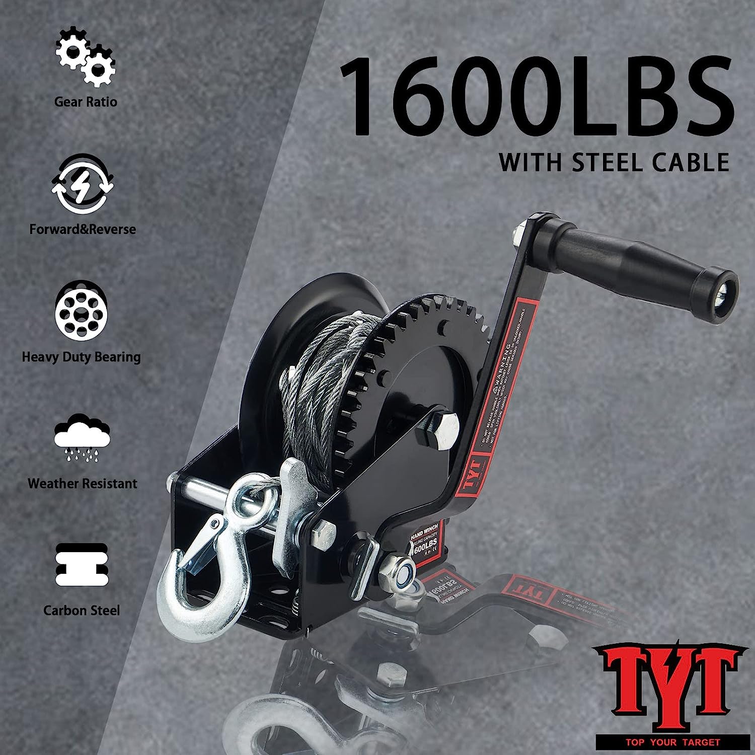 TYT 1600LB Boat Trailer Winch with 8M Steel Cable, High Hardness of Tooth Surface Hand Winch with Heavy Duty Hook, Two Way Ratchet Crank Gear Winch for Jet Ski Boat Trailer Towing Pulley Drag Winch - TYT4WD