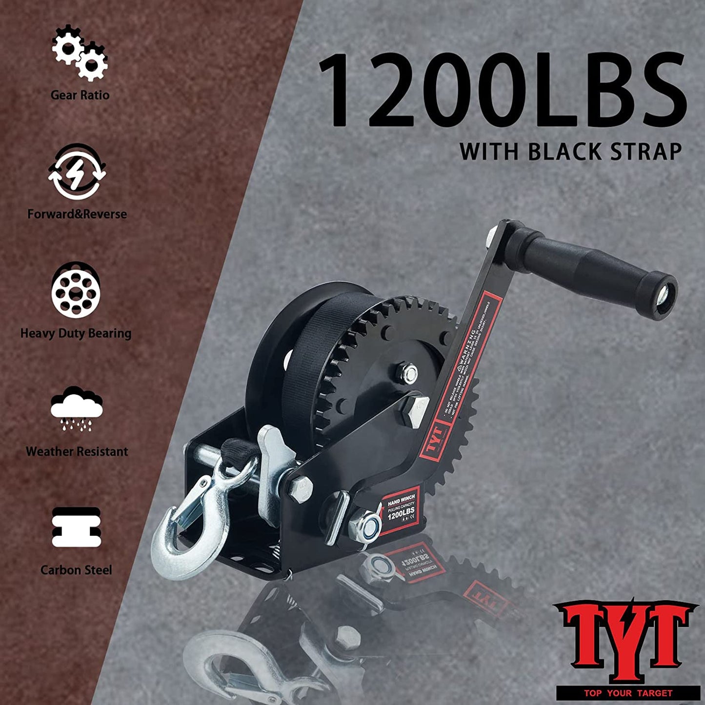 TYT 1200LB Boat Trailer Strap Winch with 8M Black Rope, Standard Mounting Hole Crank Hand Winch with Hook, Two Way Ratchet Manual Gear Winch for Towing Pulling Boat Trailer Truck RV ATV Jet Ski Winch - TYT4WD