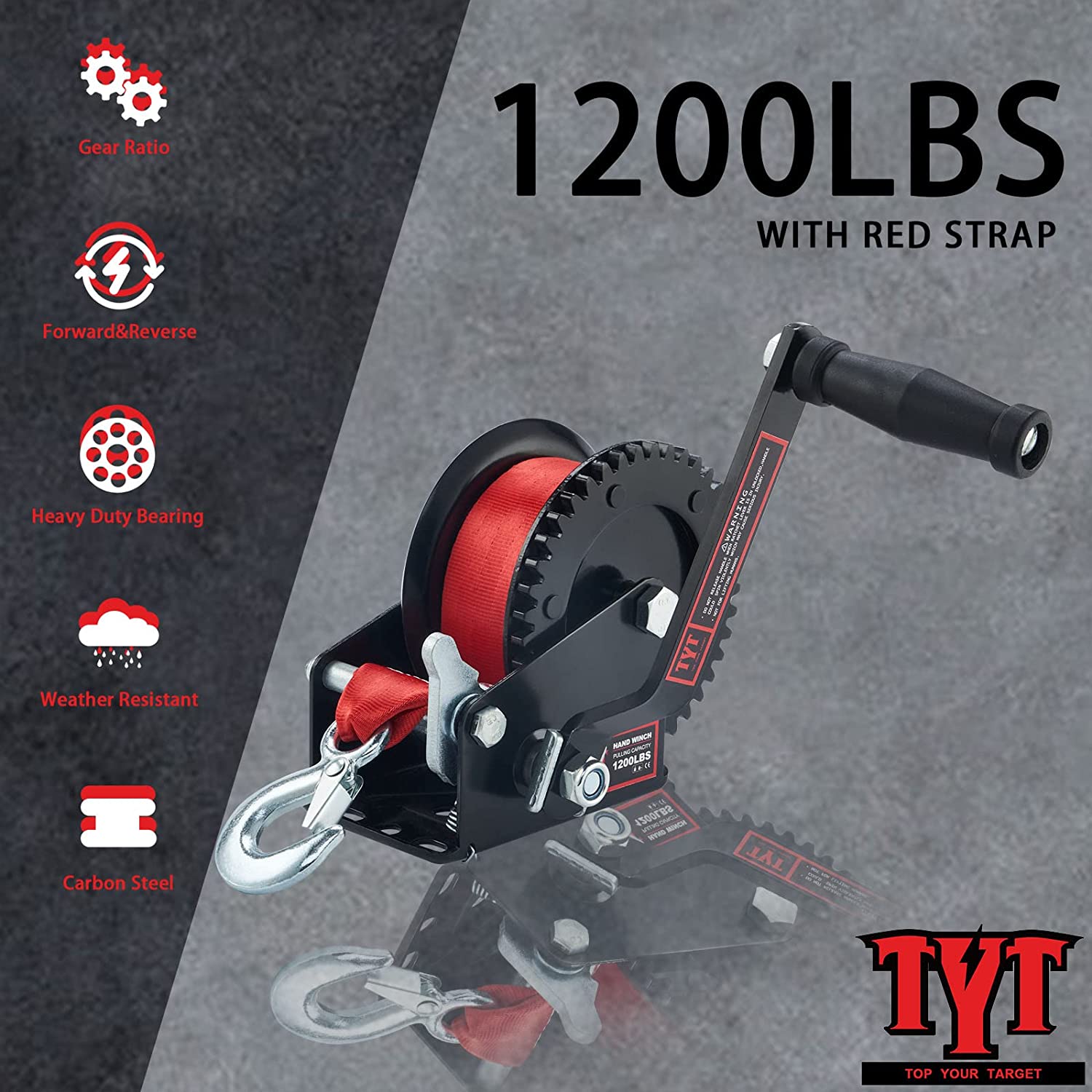 TYT 1200lb Boat Trailer Winch with 26ft Red Strap, Sturdy Long-Lasting Trailer Crank Strap Winch with Heavy Duty Hook, Two Way Ratchet Gear Manual Winch for Towing Pulling RV ATV Jet Ski Rope Winch - TYT4WD