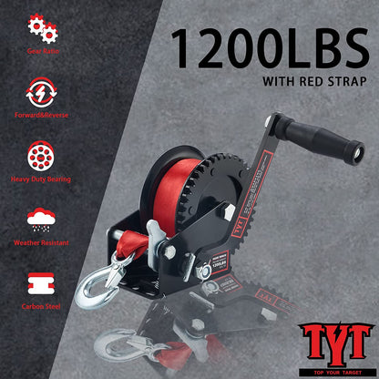 TYT 1200lb Boat Trailer Winch with 26ft Red Strap, Sturdy Long-Lasting Trailer Crank Strap Winch with Heavy Duty Hook, Two Way Ratchet Gear Manual Winch for Towing Pulling RV ATV Jet Ski Rope Winch - TYT4WD