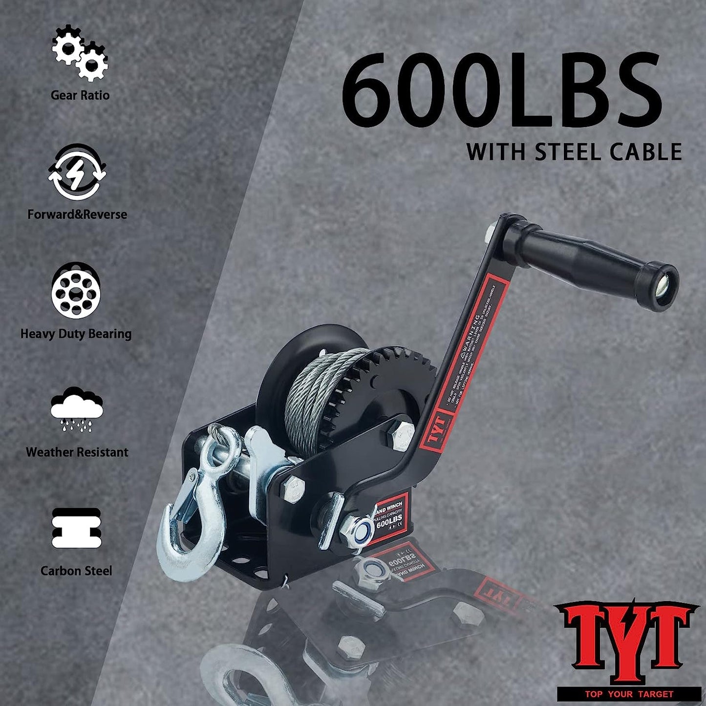 TYT 600LB Boat Trailer Winch with 6M Steel Wire, Hardened Steel Gear Heavy Duty Hand Winch, Operated Two-Way Ratchet Cable Winch, Ratio 3.2:1 Crank Small Winch for ATV UTV Marine Jet Ski Trailer Winch - TYT4WD