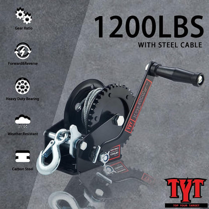 TYT 1200LB Boat Trailer Winch with 8M Steel Cable, High-Efficiency Transmission Ratio 4.1:1 Gear Hand Cable Winch with Hook, 2 Way Ratchet Crank Manual Winch for Jet Ski Boat Towing Pulley Drag Winch - TYT4WD