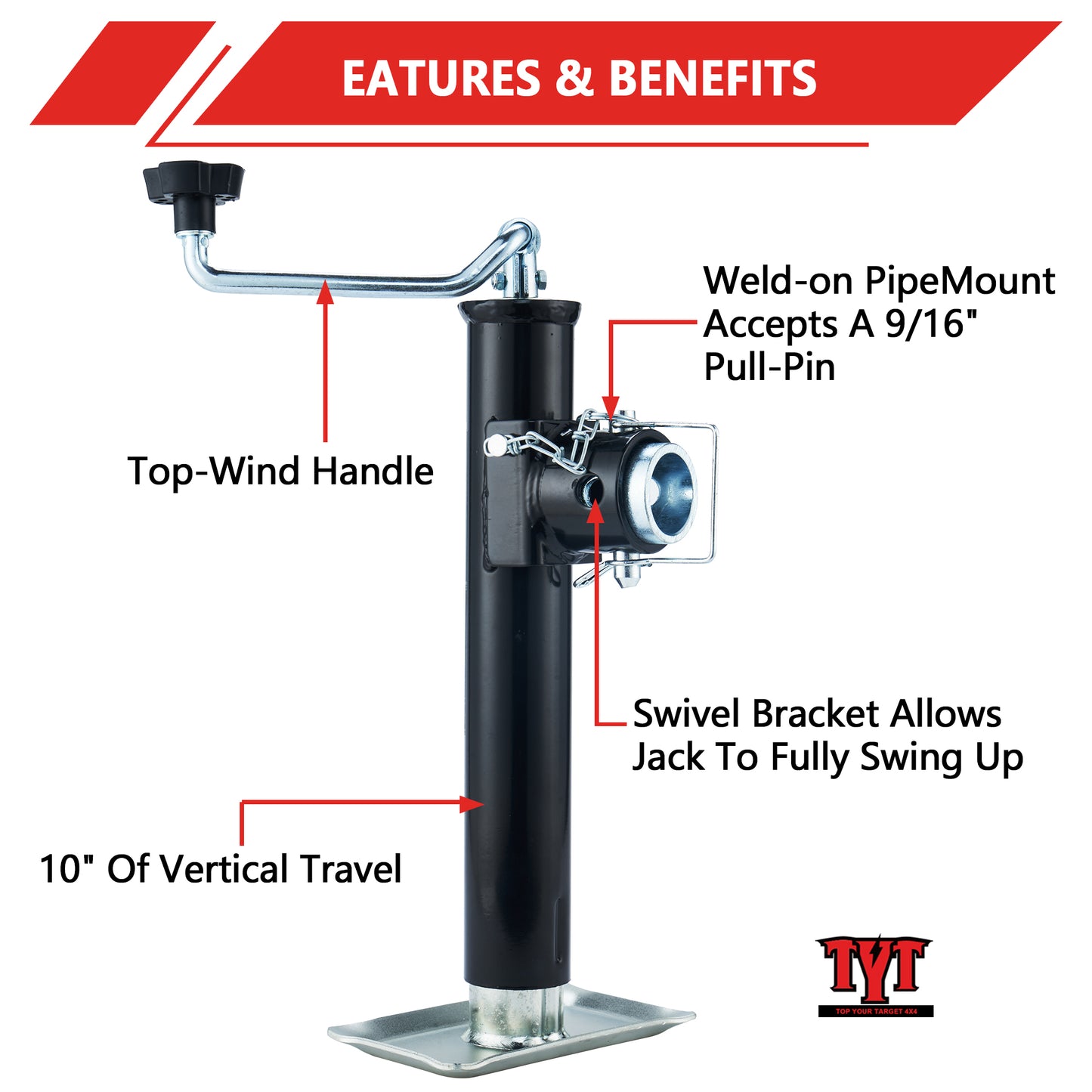 TYT 5000 lbs Swivel Trailer Jack - Heavy Duty Weld-On Pipe Mount, Footplate & Topwind Handle, 10 Inches of Vertical Travel, Black - TYT4WD