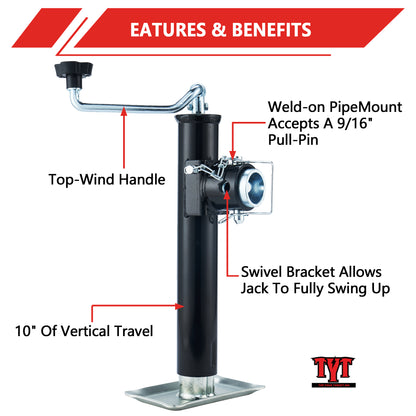 TYT 5000 lbs Swivel Trailer Jack - Heavy Duty Weld-On Pipe Mount, Footplate & Topwind Handle, 10 Inches of Vertical Travel, Black - TYT4WD