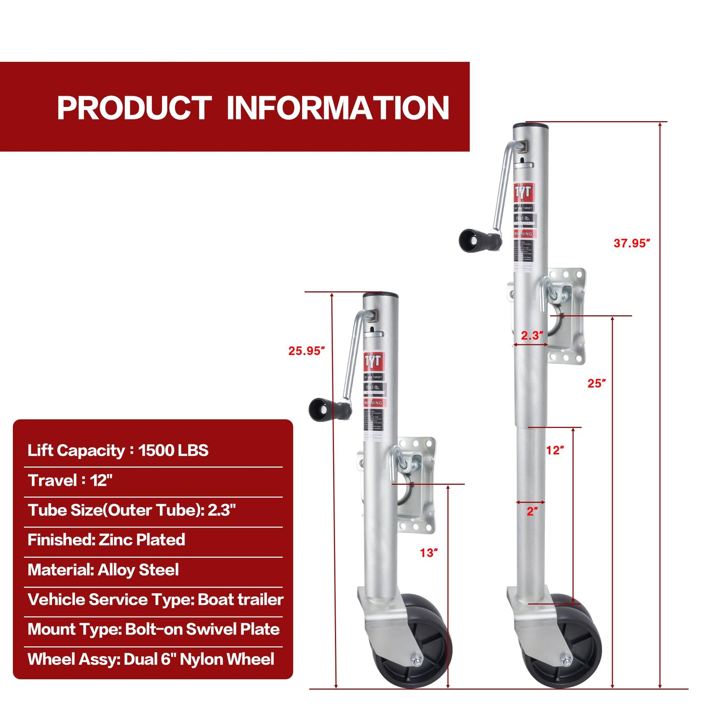 TYT Swivel Trailer Jack - 1500lbs Capacity, 12" Lift, Heavy Duty Marine Boat & RV Camper Jack with 6" Dual Wheels and Zinc-Plated Finish(Upgraded)