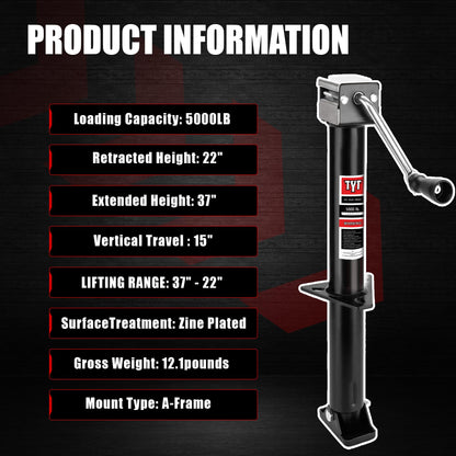 TYT A-Frame Trailer Jack, 5000lbs Capacity Side Wind Trailer Jack with Foot Plate, 15" Vertical Travel Heavy Duty Trailer Jack for Trailer, Utility Trailer, Yacht Trailer, Camper